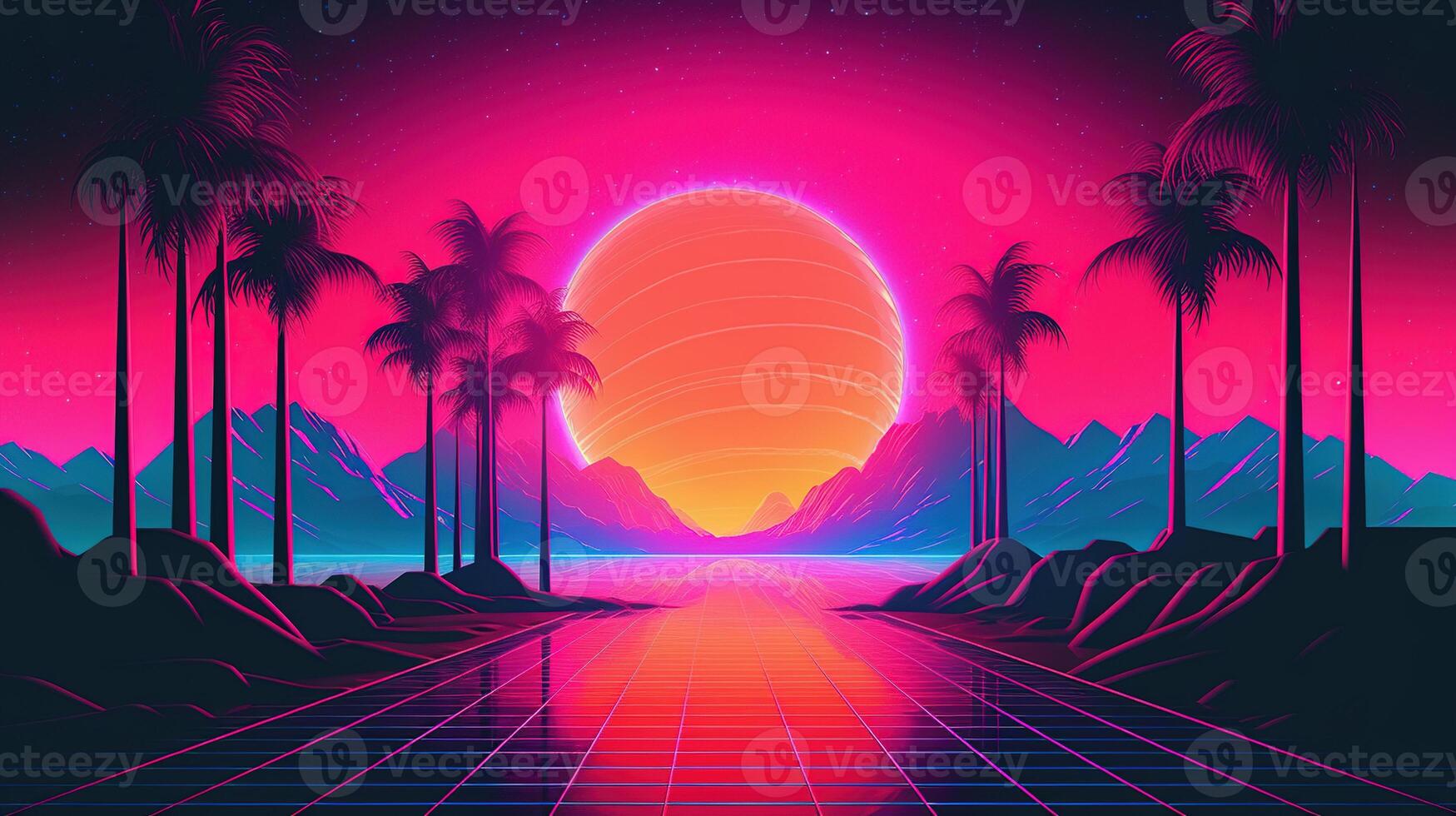 Generative AI, 80s retro futuristic sci-fi., nostalgic 90s. Night and sunset neon colors, cyberpunk vintage illustration. Sun, mountains and palms. Retrowave VJ videogame landscape. photo