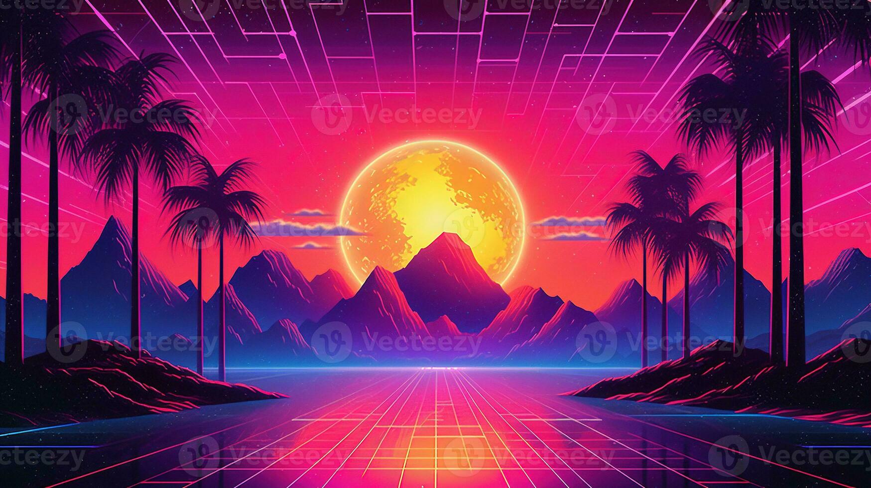 Generative AI, 80s retro futuristic sci-fi., nostalgic 90s. Night and sunset neon colors, cyberpunk vintage illustration. Sun, mountains and palms. Retrowave VJ videogame landscape. photo