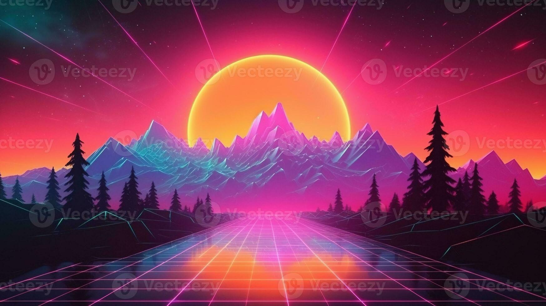 Generative AI, 80s retro futuristic sci-fi., nostalgic 90s. Night and sunset neon colors, cyberpunk vintage illustration. Sun, mountains and palms. Retrowave VJ videogame landscape. photo