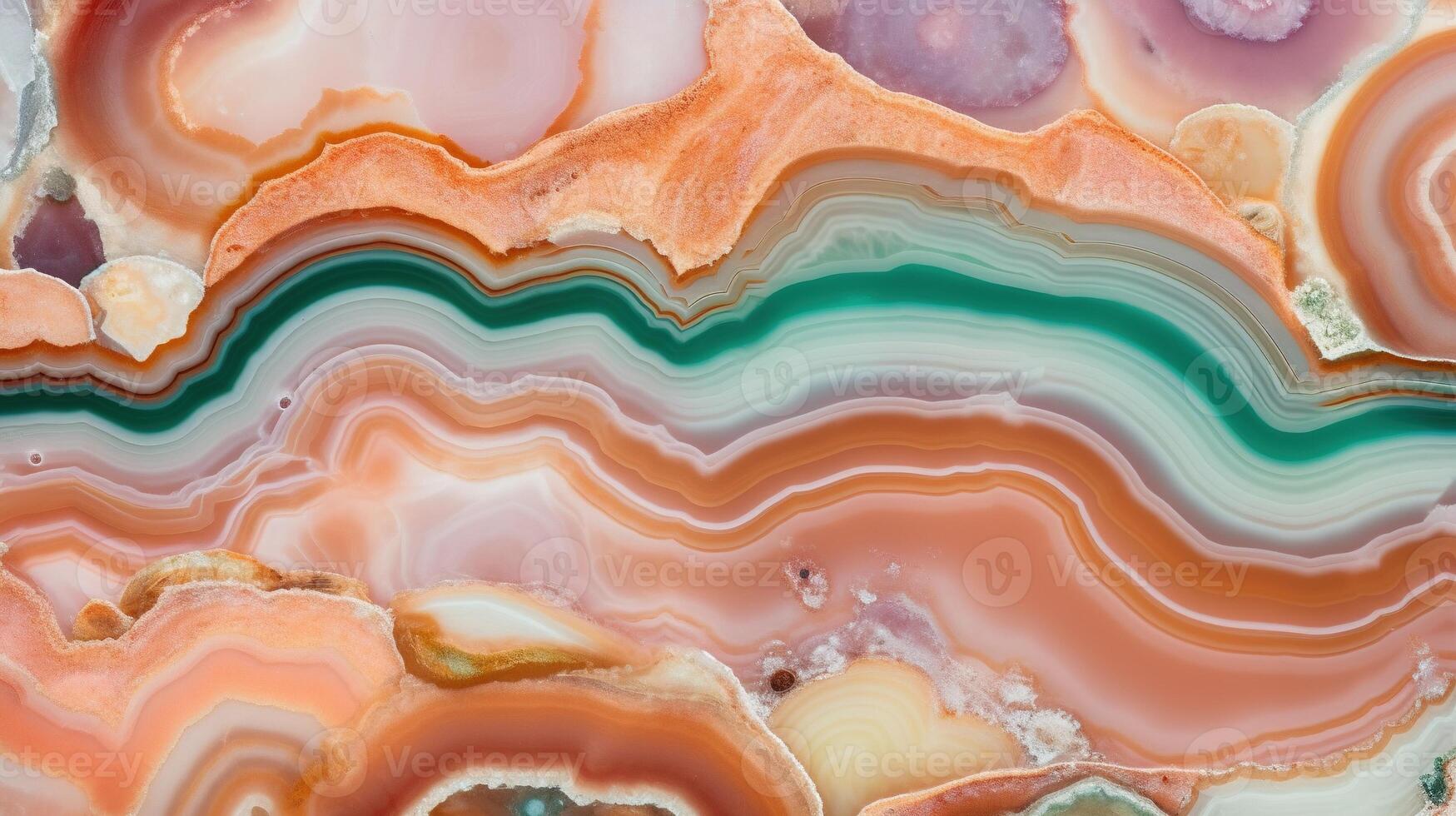 , natural volcanic agate stones close-up light pink, green and golden texture. Wallpaper background, quartz marble, decorative rock pattern. photo