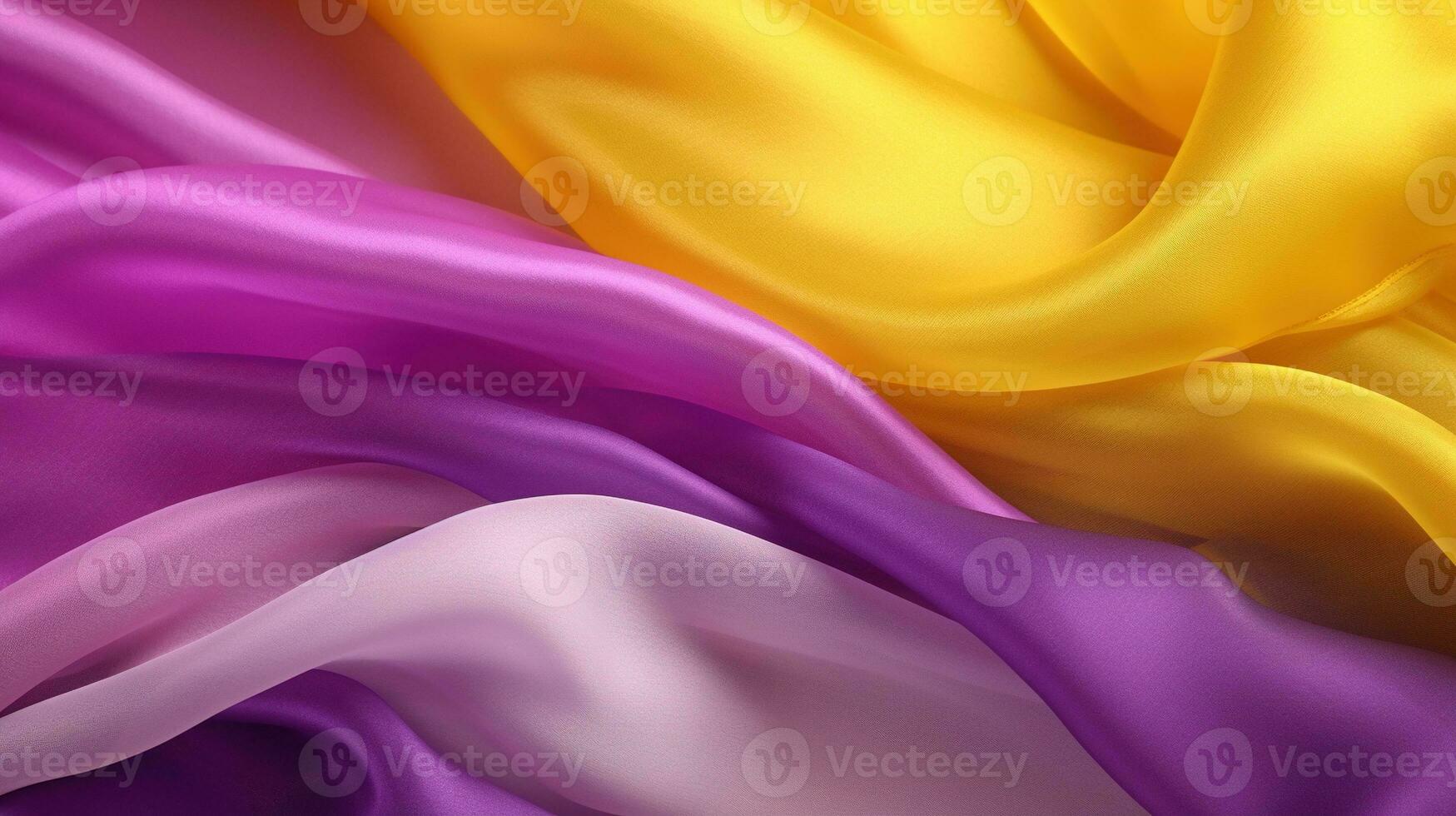 Generative AI, Flowing chiffon fabric texture in purple violet and yellow color. Glossy spring banner, material 3D effect, modern macro photorealistic abstract background illustration. photo