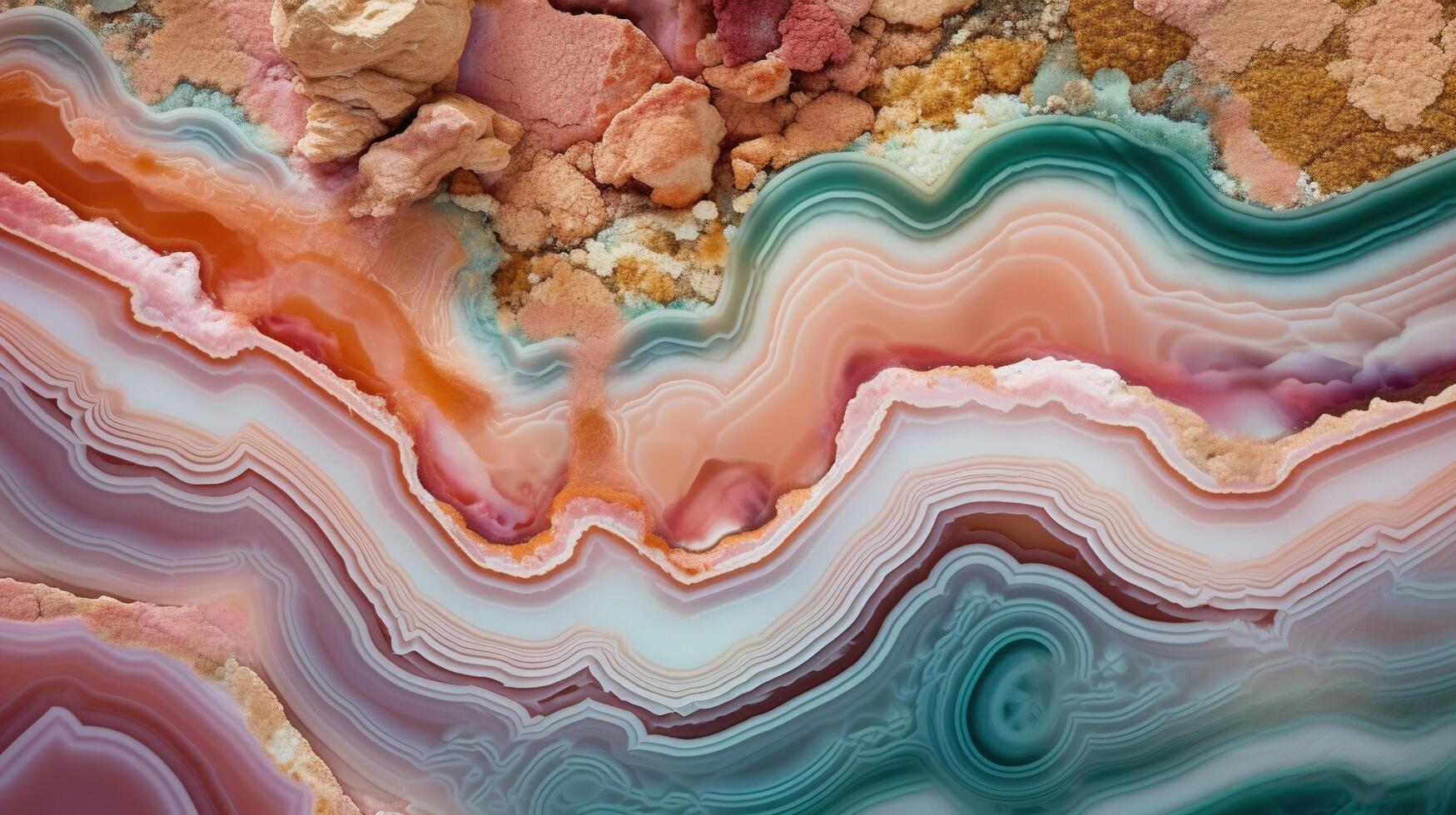 , natural volcanic agate stones close-up light pink, green and golden texture. Wallpaper background, quartz marble, decorative rock pattern. photo