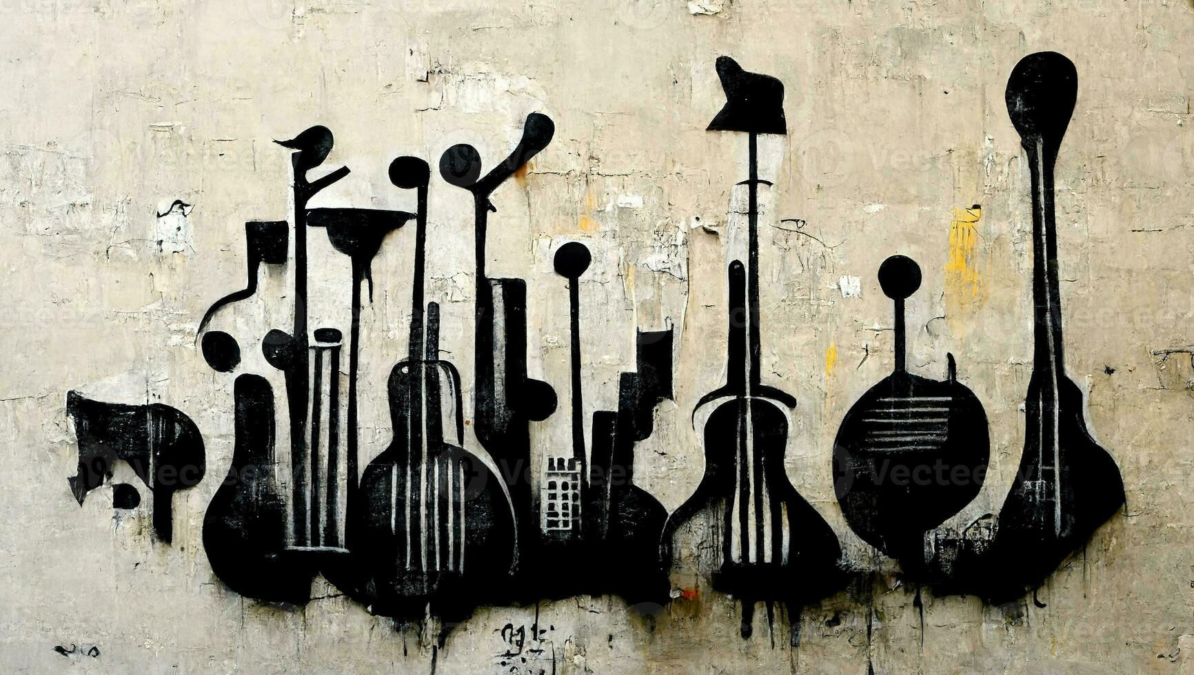 generativo ai, resumen calle Arte con llaves y musical instrumentos siluetas tinta vistoso pintada Arte en un texturizado papel Clásico fondo, inspirado por Banksy foto