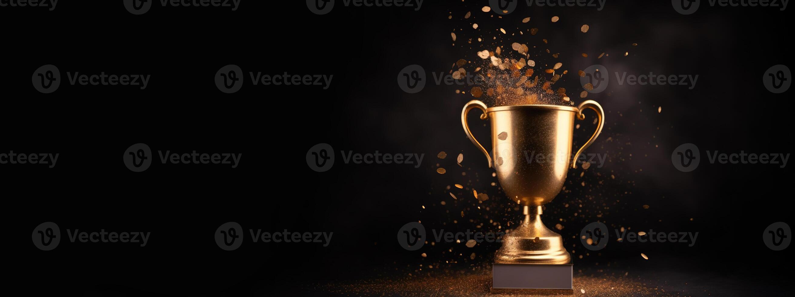 , Winner trophy with flames, golden champion cup with falling confetti on dark background photo