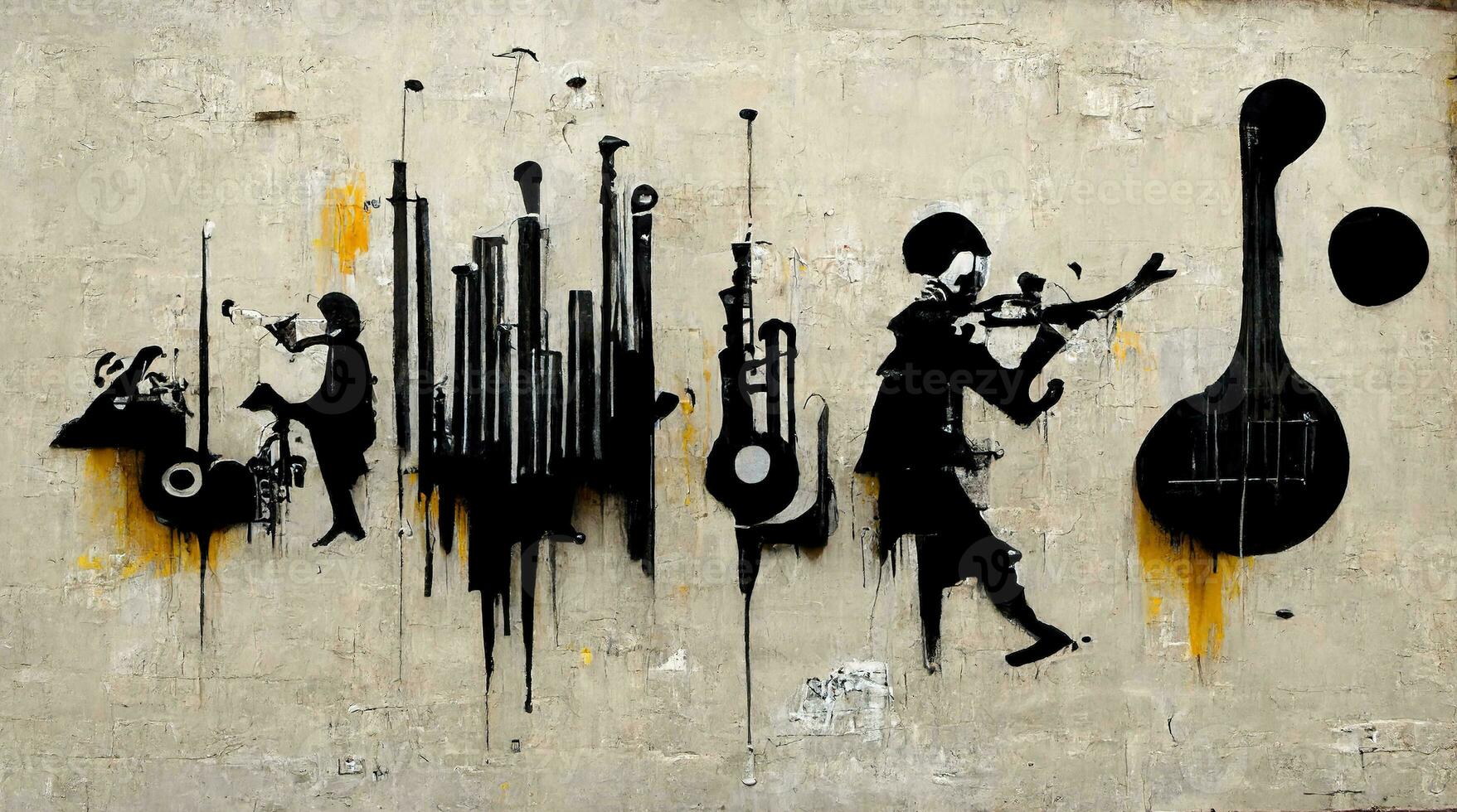 Generative AI, Abstract Street art with keys and musical instruments silhouettes. Ink colorful graffiti art on a textured paper vintage background, inspired by Banksy. photo