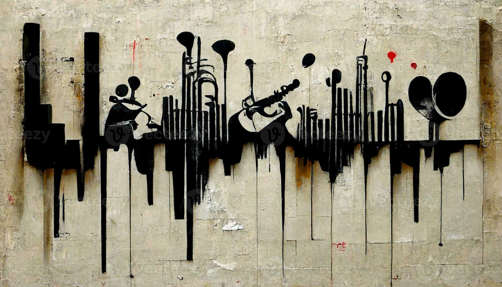 Generative AI, Abstract Street art with keys and musical instruments silhouettes. Ink colorful graffiti art on a textured paper vintage background, inspired by Banksy. photo