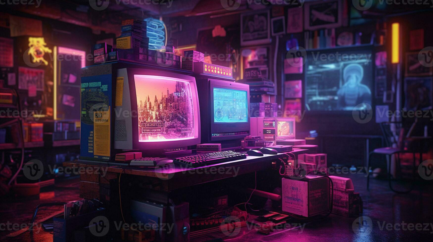 Generative AI, Computer on the table in cyberpunk style, nostalgic 80s, 90s. Neon night lights vibrant colors, photorealistic horizontal illustration of the futuristic interior. Technology concept. photo