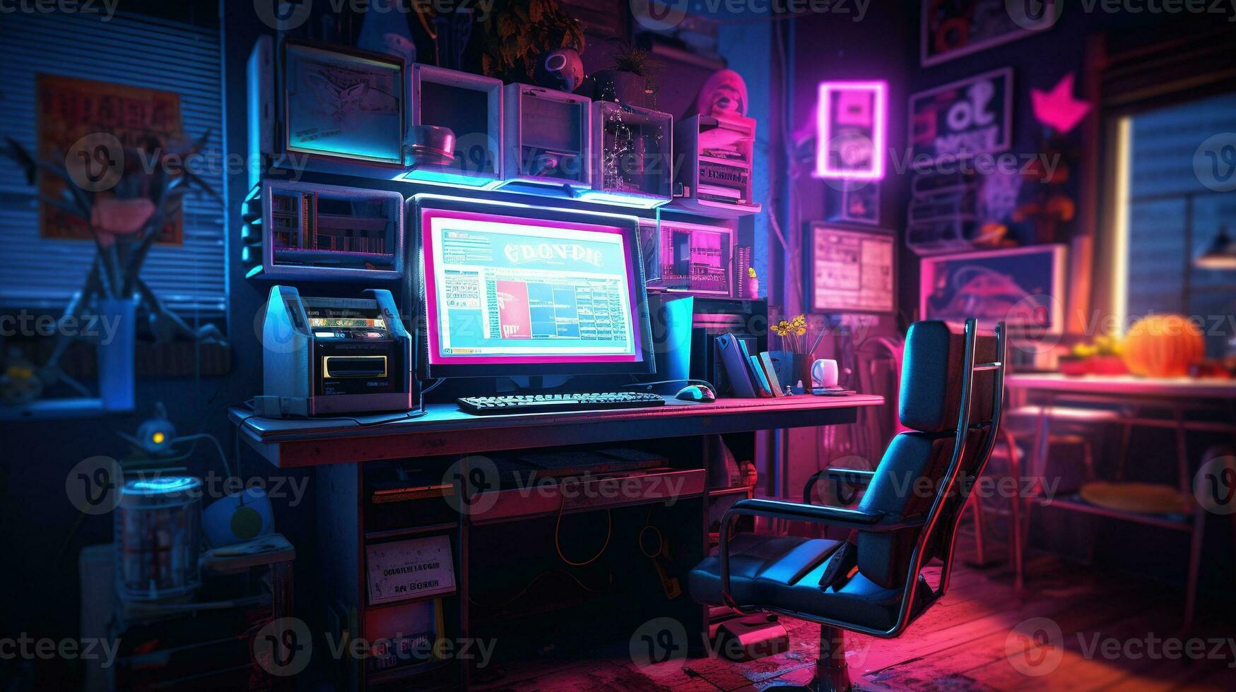 Generative AI, Computer on the table in cyberpunk style, nostalgic 80s, 90s. Neon night lights vibrant colors, photorealistic horizontal illustration of the futuristic interior. Technology concept. photo