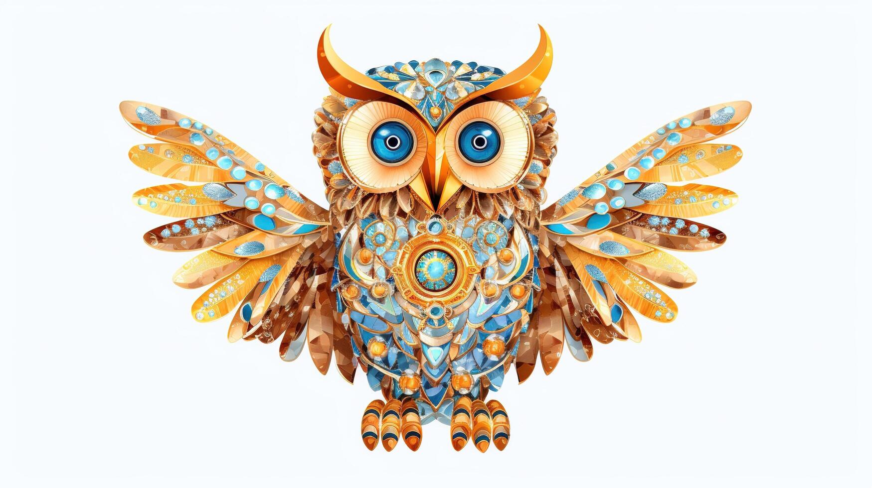 , beautiful colorful owl brooch, opal stone and golden color palette isolated on white background. Bijouterie, jewelry close up. photo