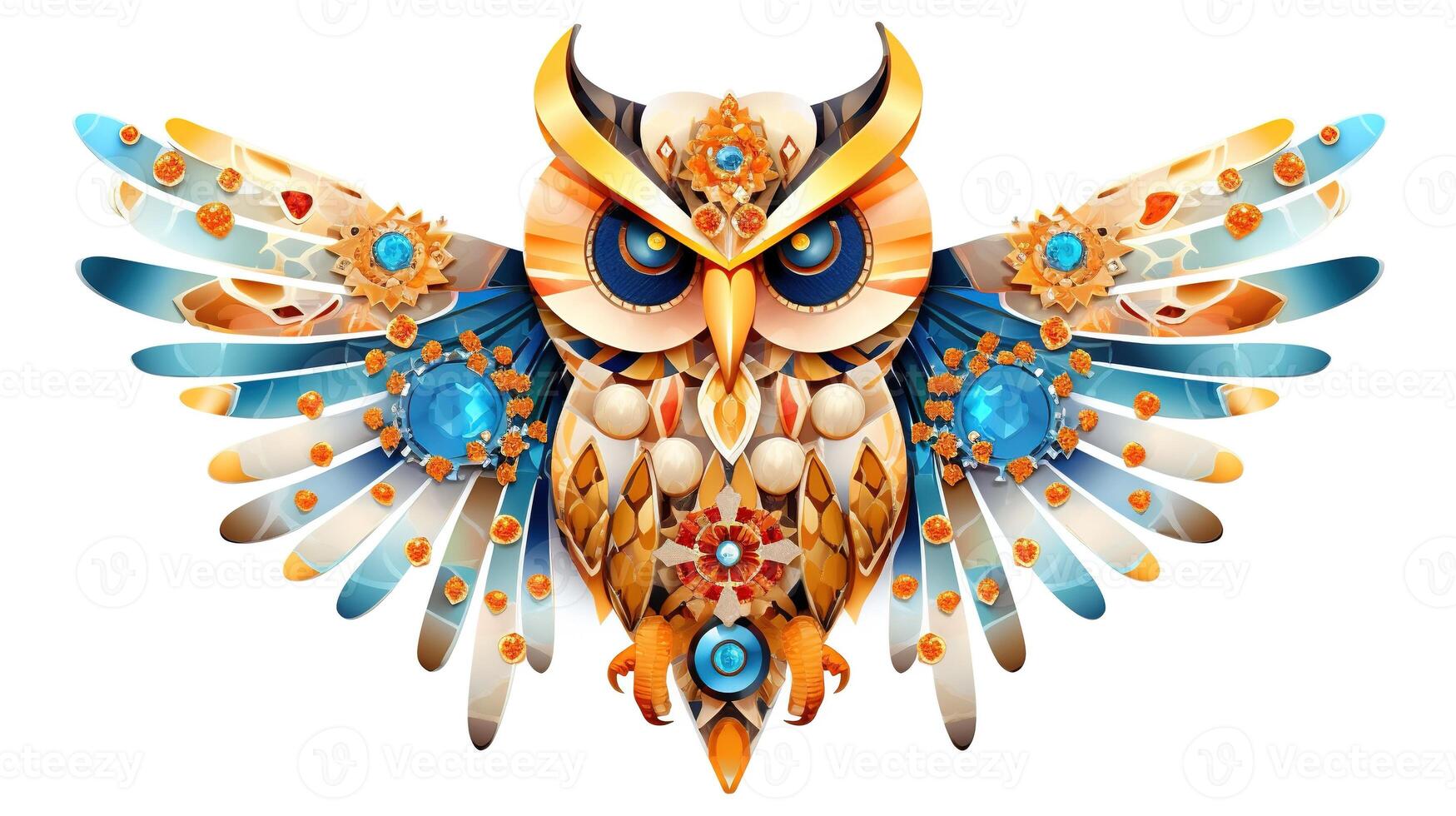 , beautiful colorful owl brooch, opal stone and golden color palette isolated on white background. Bijouterie, jewelry close up. photo