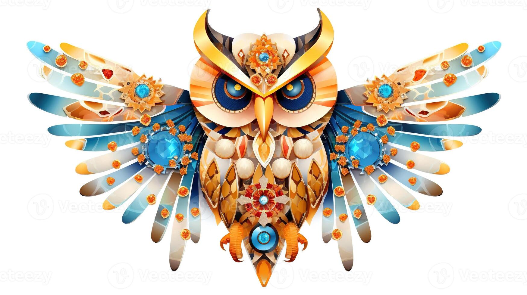 Generative AI, beautiful colorful owl brooch, opal stone and golden color palette isolated on white background. Bijouterie, jewelry close up. photo