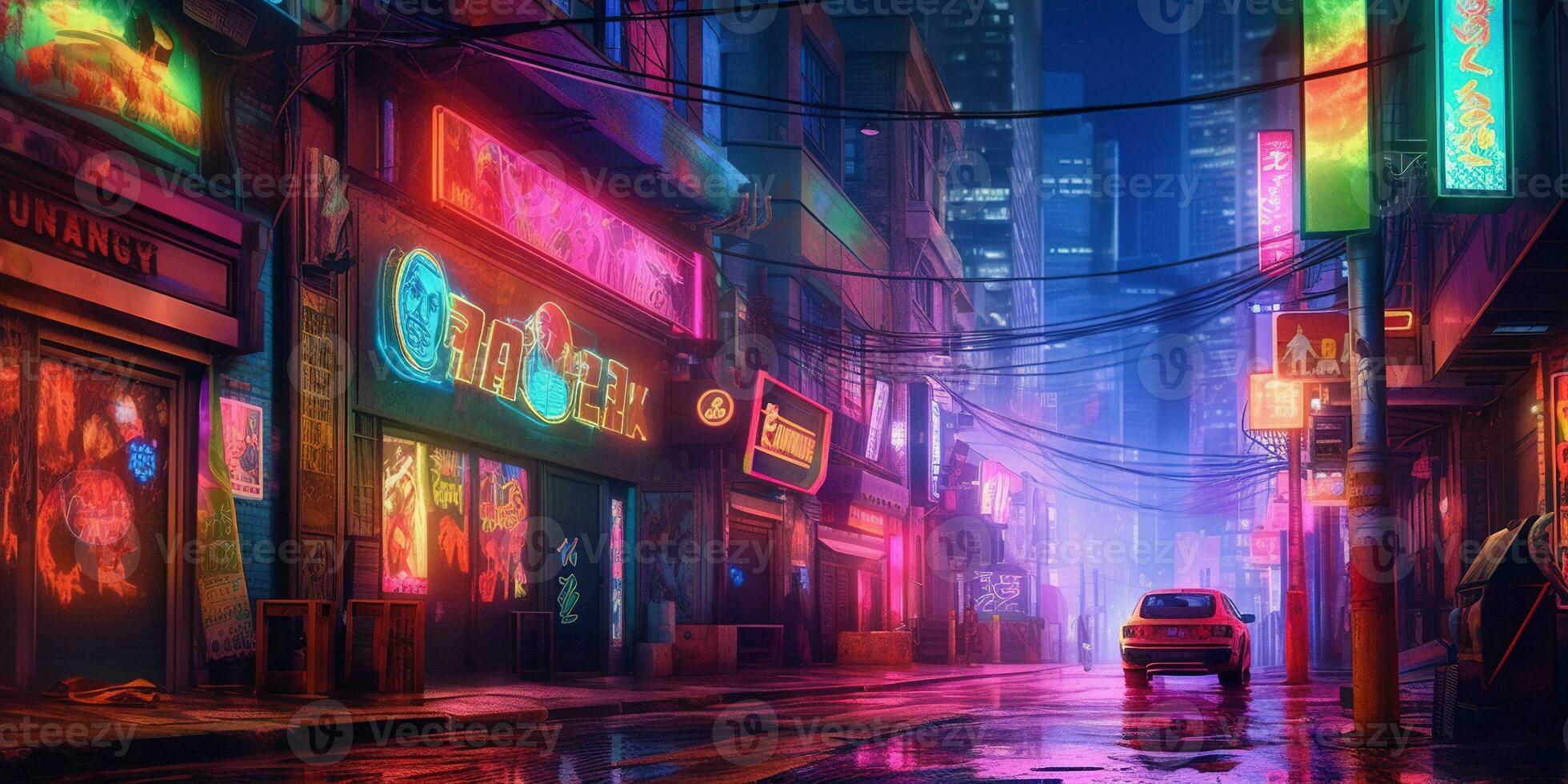 Generative AI, Night scene of big city in cyberpunk style, futuristic nostalgic 80s, 90s. Neon lights vibrant colors, photorealistic horizontal illustration. photo