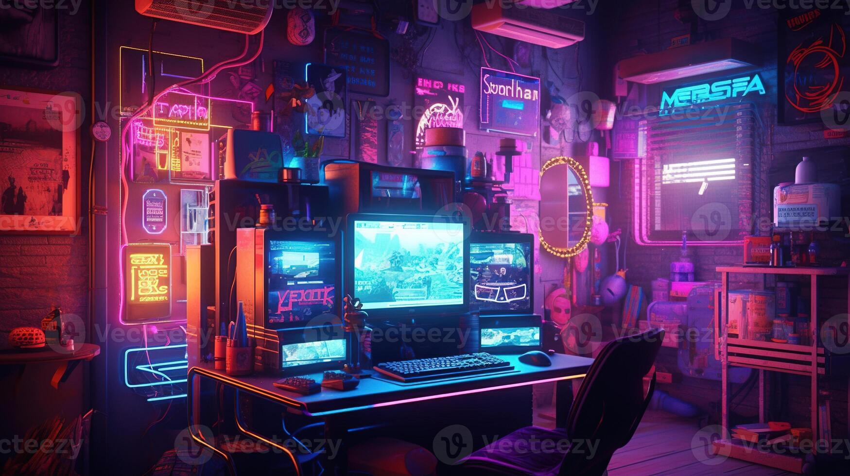 Generative AI, Computer on the table in cyberpunk style, nostalgic 80s, 90s. Neon night lights vibrant colors, photorealistic horizontal illustration of the futuristic interior. Technology concept. photo