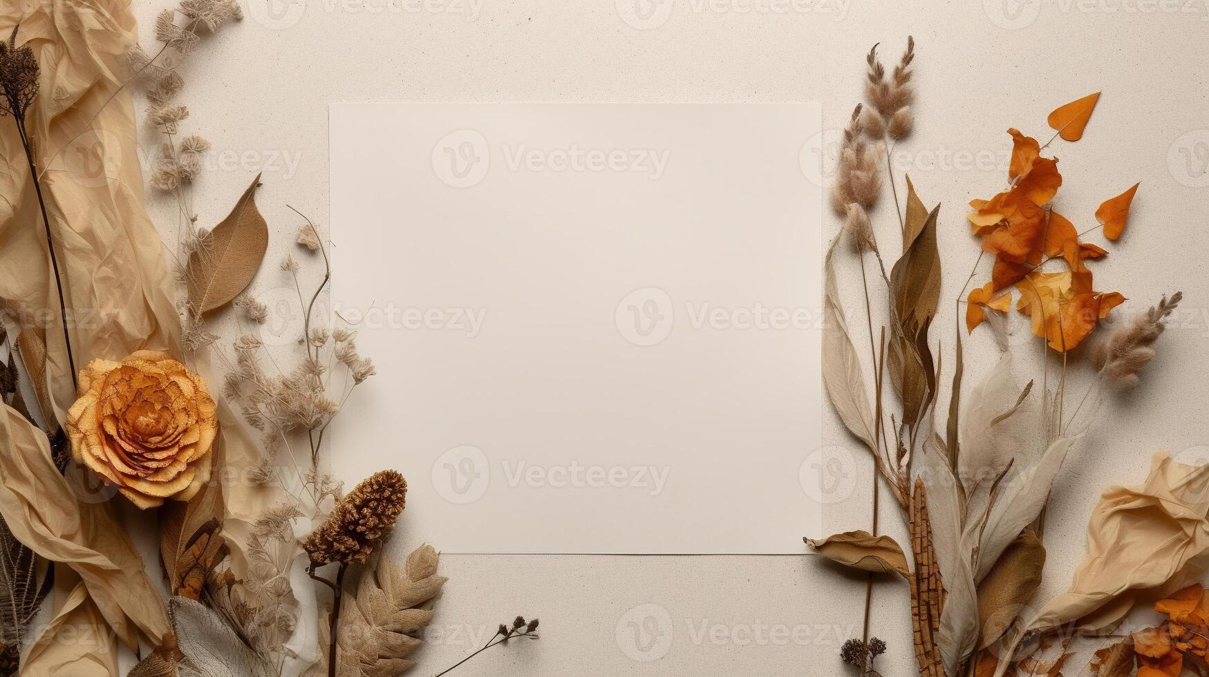 Generative AI, Bohemian white blank sheet paper surrounded by natural dried leaves and plants, poster mock up photo