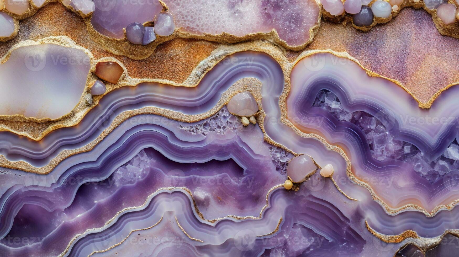 Generative AI, natural volcanic agate stones close-up light digital lavender and golden texture. Wallpaper background, quartz marble, decorative rock pattern photo