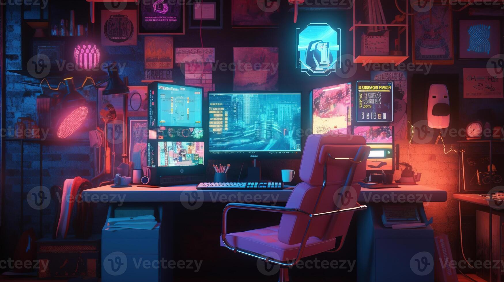 Generative AI, Computer on the table in cyberpunk style, nostalgic 80s, 90s. Neon night lights vibrant colors, photorealistic horizontal illustration of the futuristic interior. Technology concept. photo