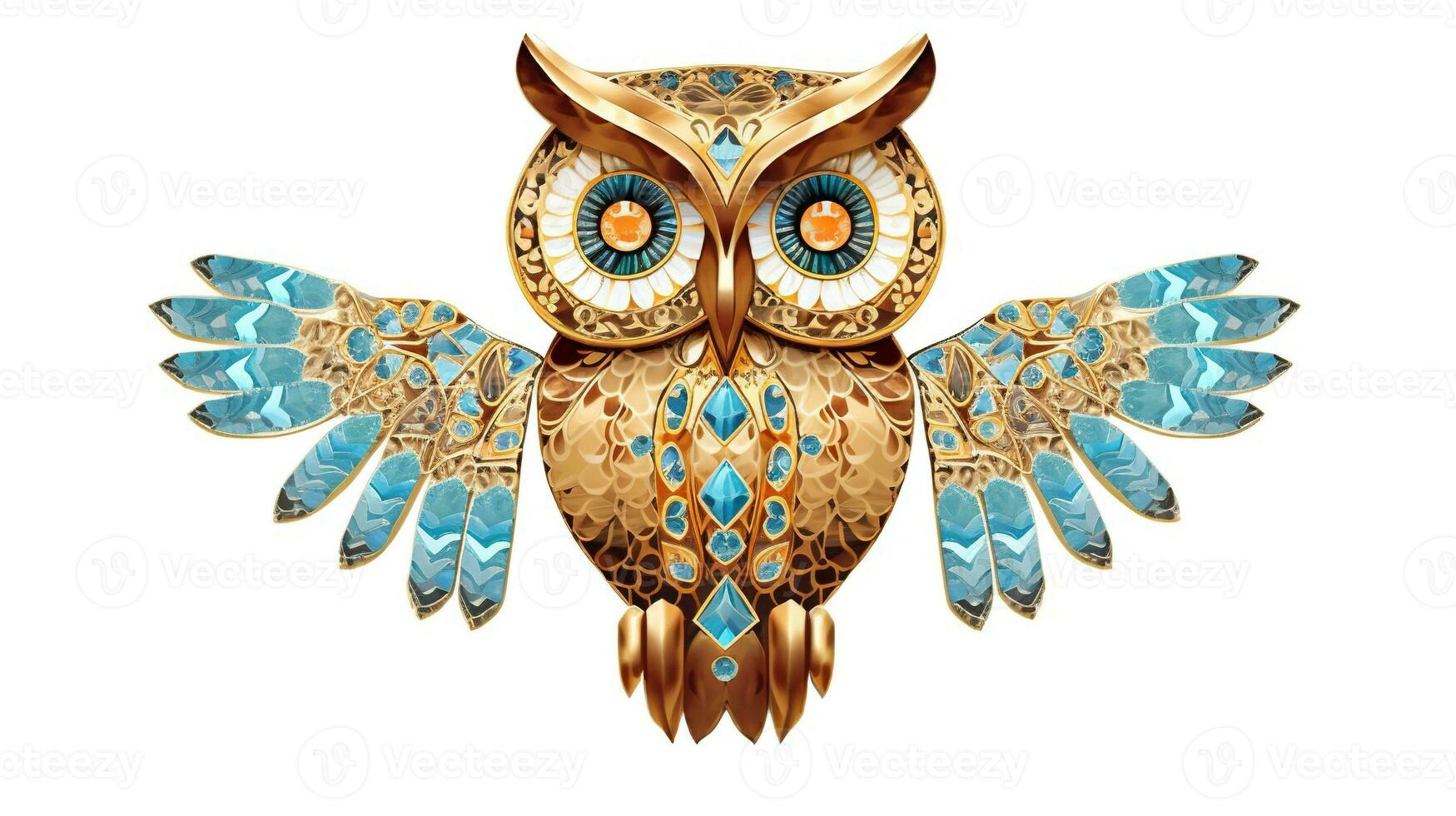 Generative AI, beautiful colorful owl brooch, opal stone and golden color palette isolated on white background. Bijouterie, jewelry close up photo