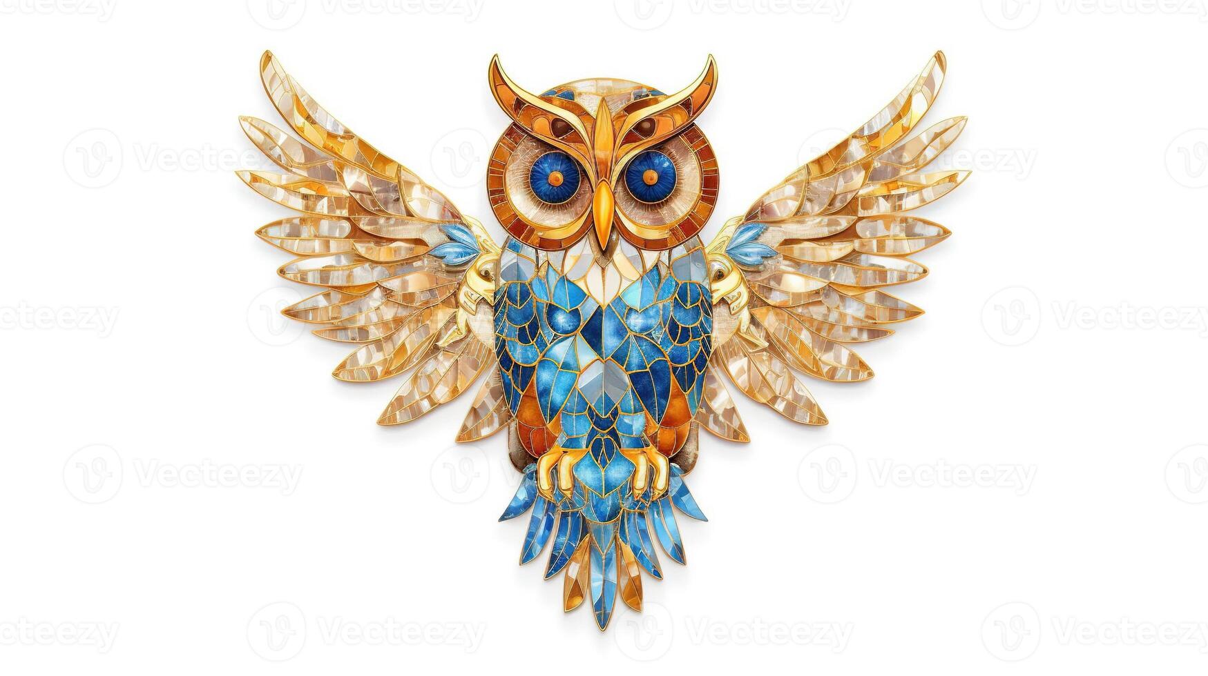 Generative AI, beautiful colorful owl brooch, opal stone and golden color palette isolated on white background. Bijouterie, jewelry close up photo