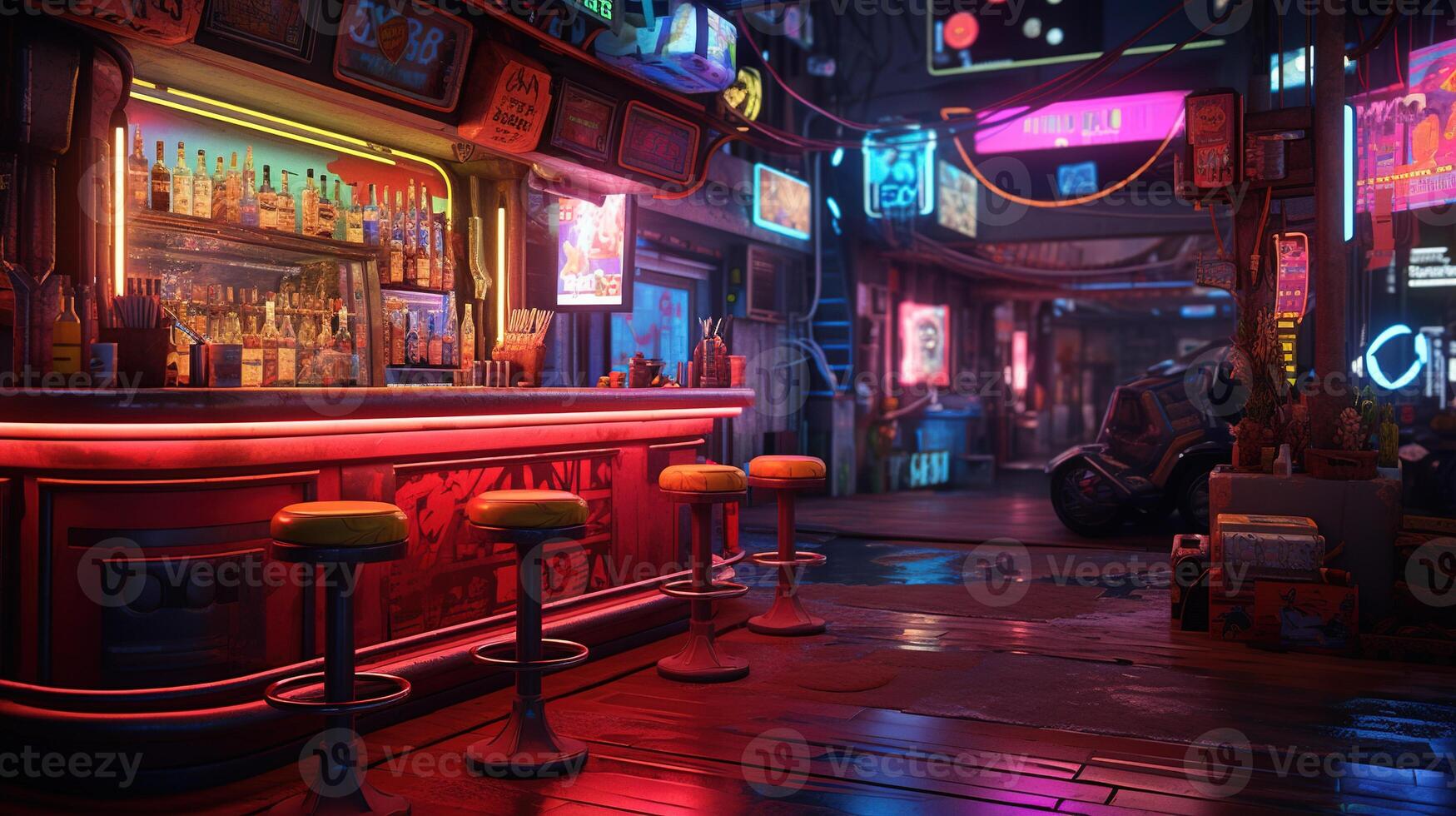 , Cyberpunk style bar or cafe. Night scene of big city, futuristic nostalgic 80s, 90s. Neon lights vibrant colors, photorealistic horizontal illustration. photo