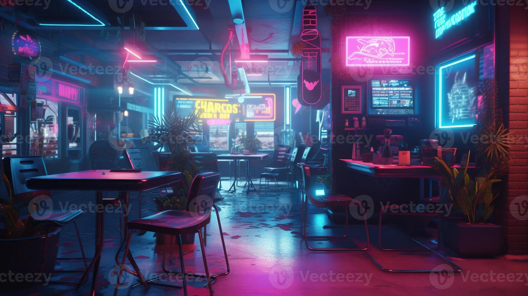 , Cyberpunk style bar or cafe. Night scene of big city, futuristic nostalgic 80s, 90s. Neon lights vibrant colors, photorealistic horizontal illustration. photo