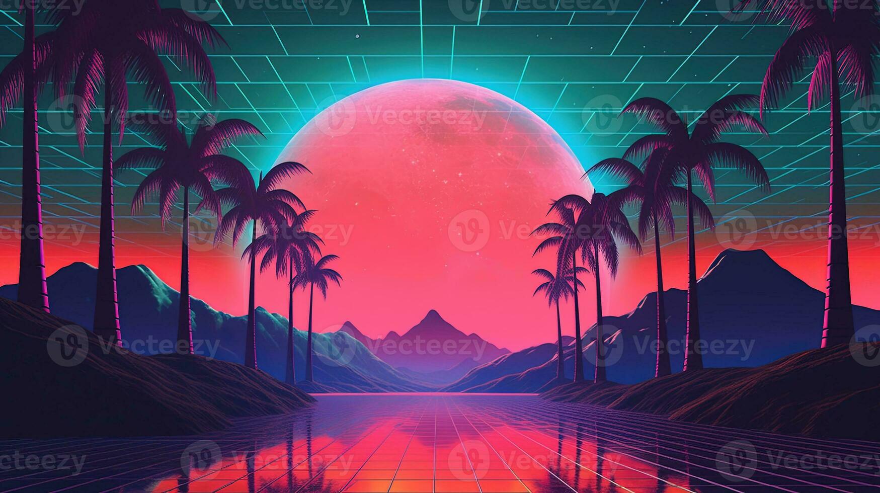 Generative AI, 80s retro futuristic sci-fi., nostalgic 90s. Night and sunset neon colors, cyberpunk vintage illustration. Sun, mountains and palms. Retrowave VJ videogame landscape. photo