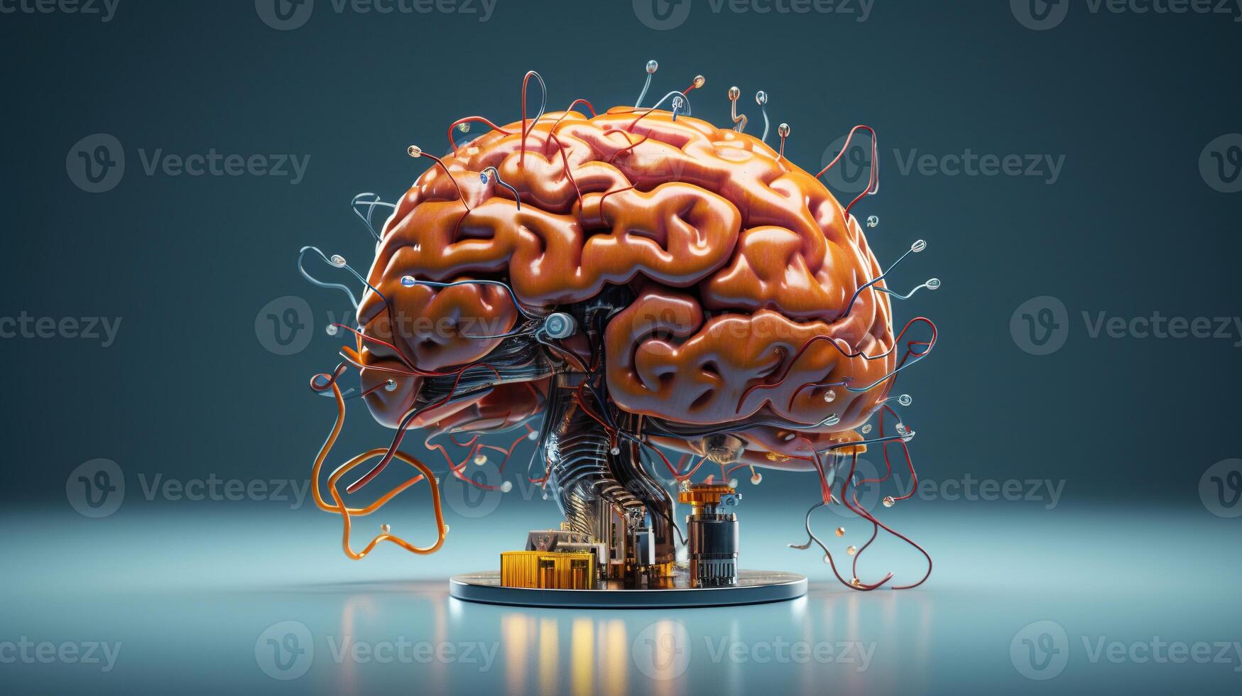 , human brain and artificial intelligence concept, big data processing, computer motherboard. Education, knowledge and creativity photo