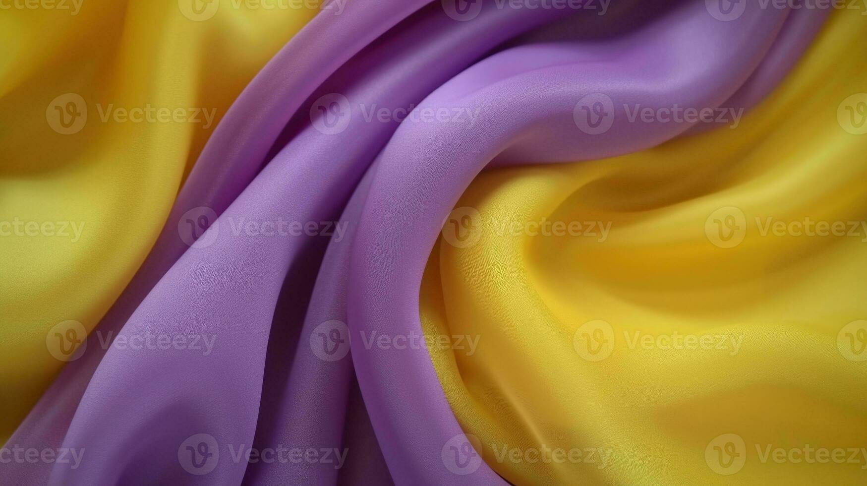 generativo ai, fluido gasa tela textura en púrpura Violeta y amarillo color. lustroso primavera bandera, material 3d efecto, moderno macro fotorrealista resumen antecedentes ilustración. foto