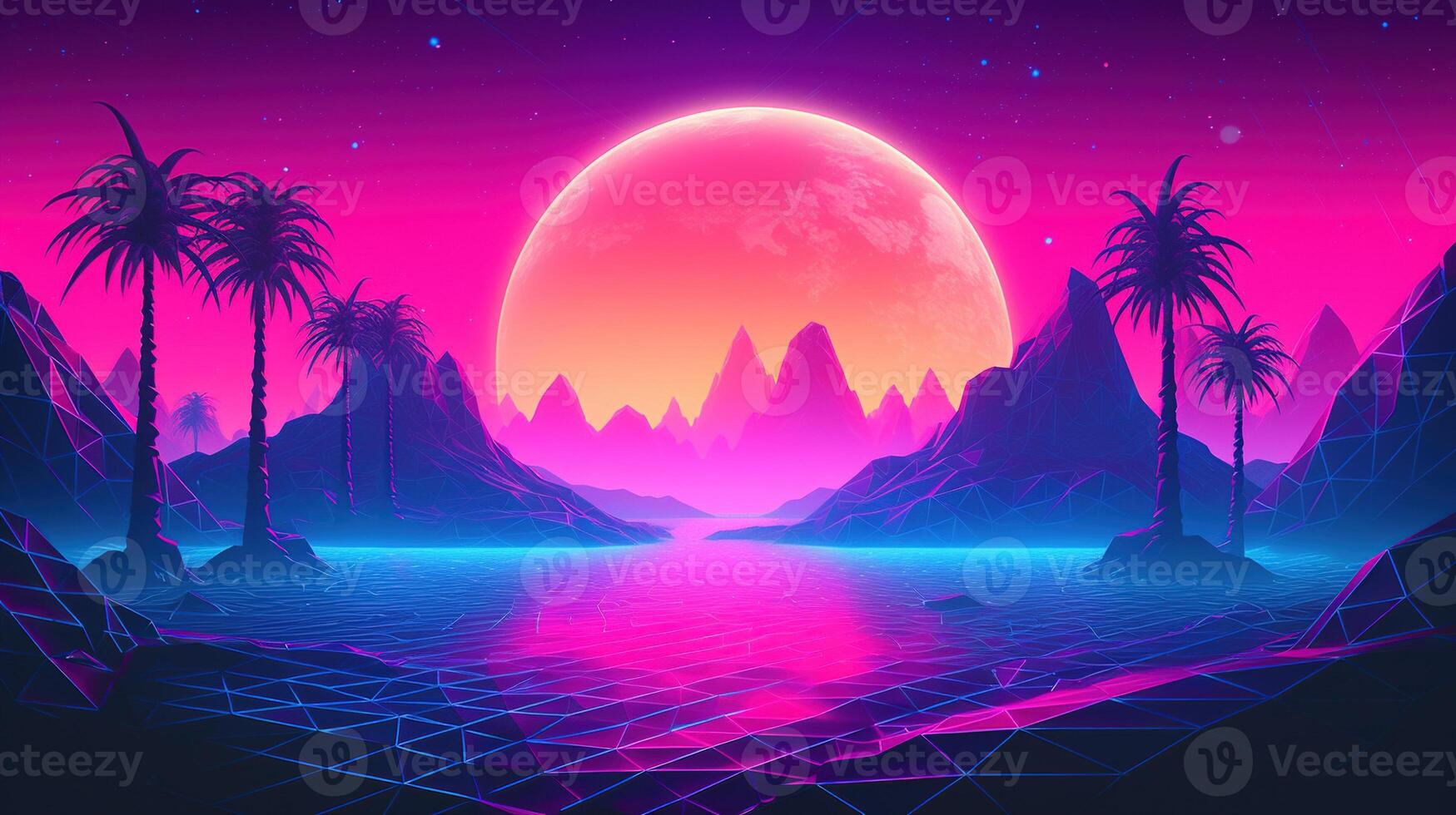 , 80s retro futuristic sci-fi., nostalgic 90s. Night and sunset neon colors, cyberpunk vintage illustration. Sun, mountains and palms. Retrowave VJ videogame landscape. photo