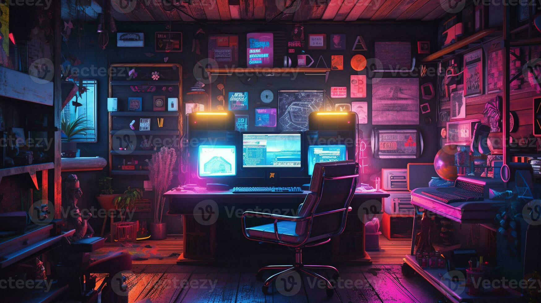 Generative AI, Computer on the table in cyberpunk style, nostalgic 80s, 90s. Neon night lights vibrant colors, photorealistic horizontal illustration of the futuristic interior. Technology concept. photo