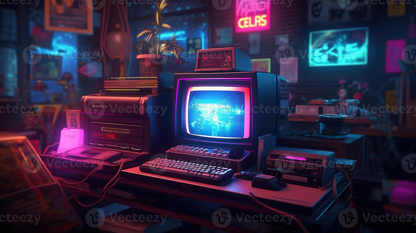 generativo ai, computadora en el mesa en cyberpunk estilo, nostálgico años 80, años 90 neón noche luces vibrante colores, fotorrealista horizontal ilustración de el futurista interior. tecnología concepto. foto