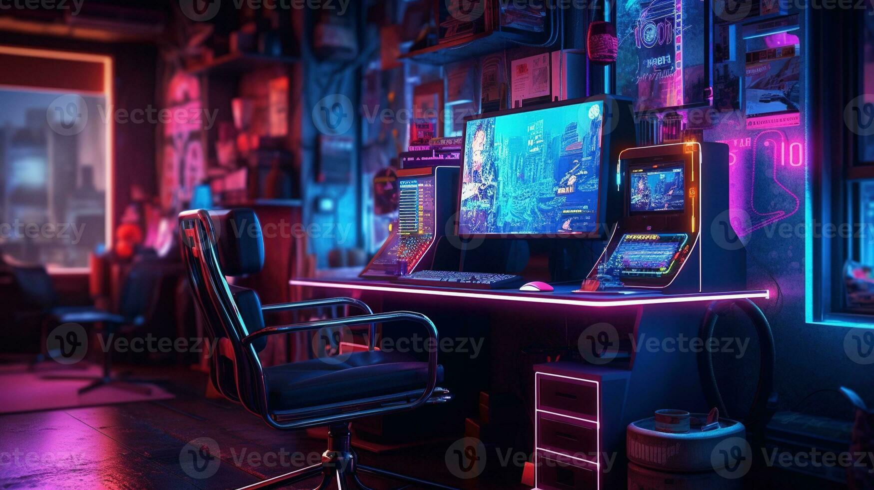 Generative AI, Computer on the table in cyberpunk style, nostalgic 80s, 90s. Neon night lights vibrant colors, photorealistic horizontal illustration of the futuristic interior. Technology concept. photo