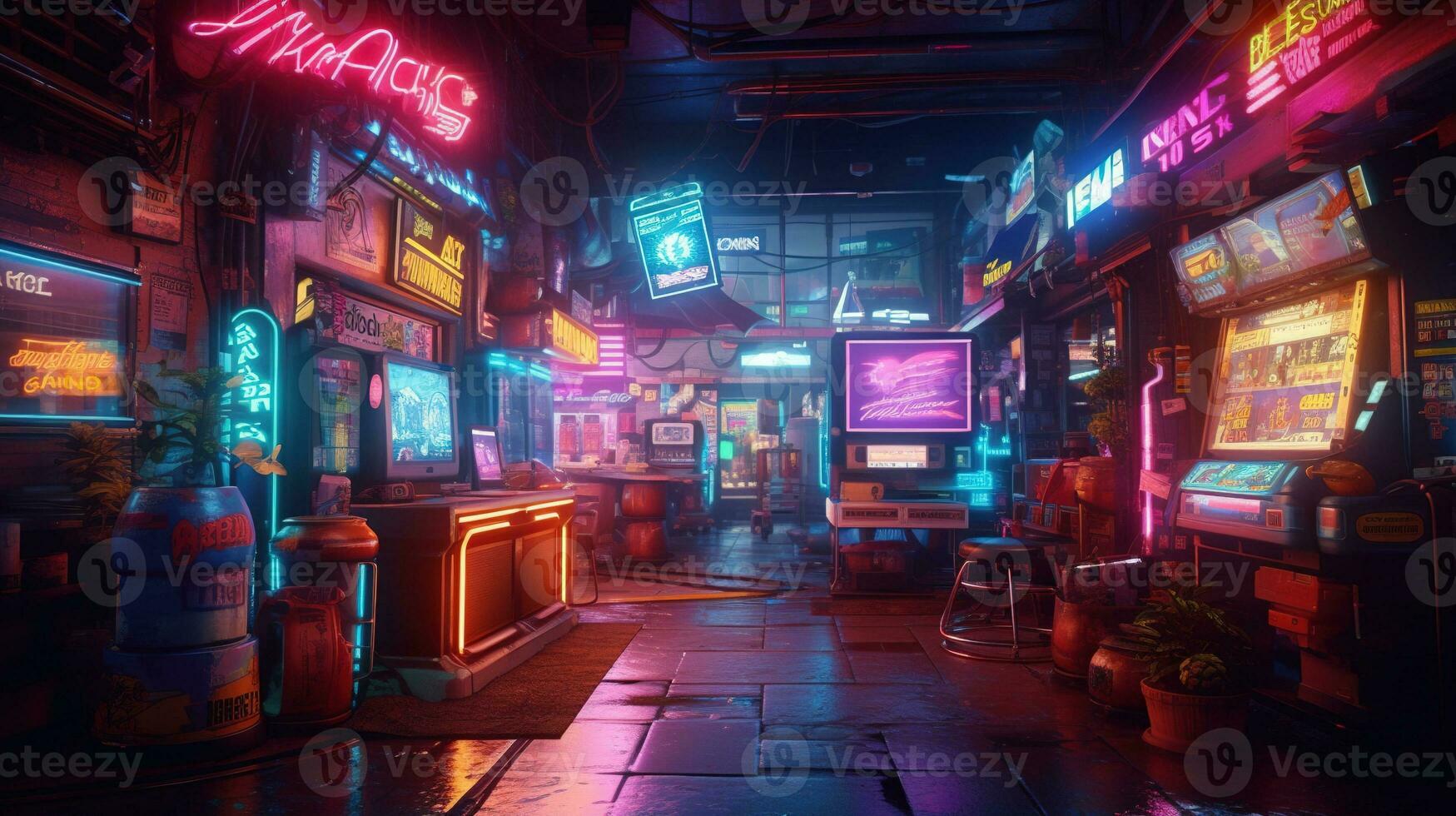 generativo ai, cyberpunk estilo bar o cafetería. noche escena de grande ciudad, futurista nostálgico años 80, años 90 neón luces vibrante colores, fotorrealista horizontal ilustración. foto