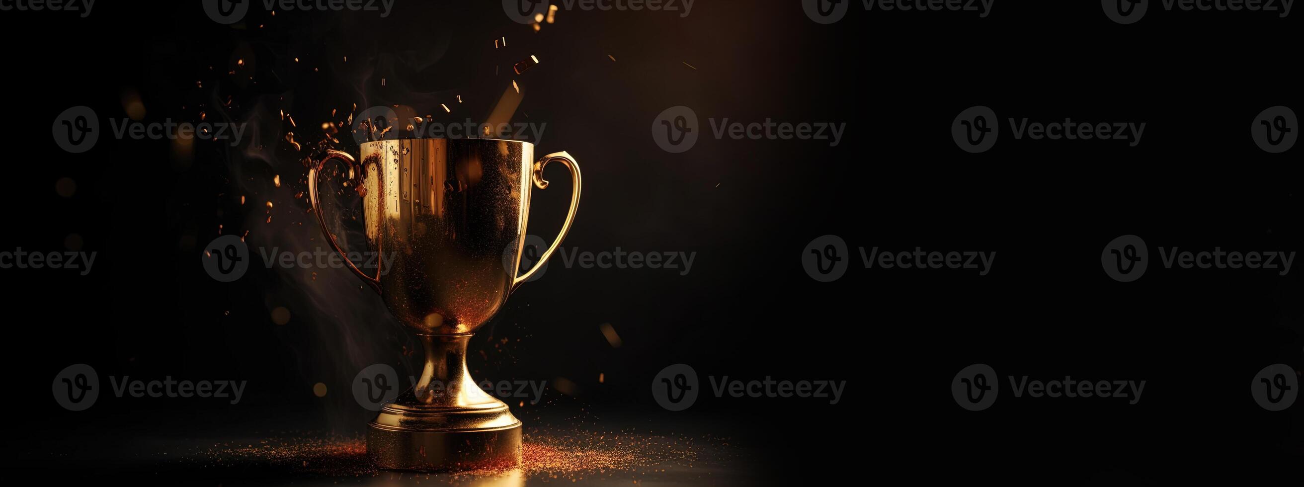 , Winner trophy with flames, golden champion cup with falling confetti on dark background photo