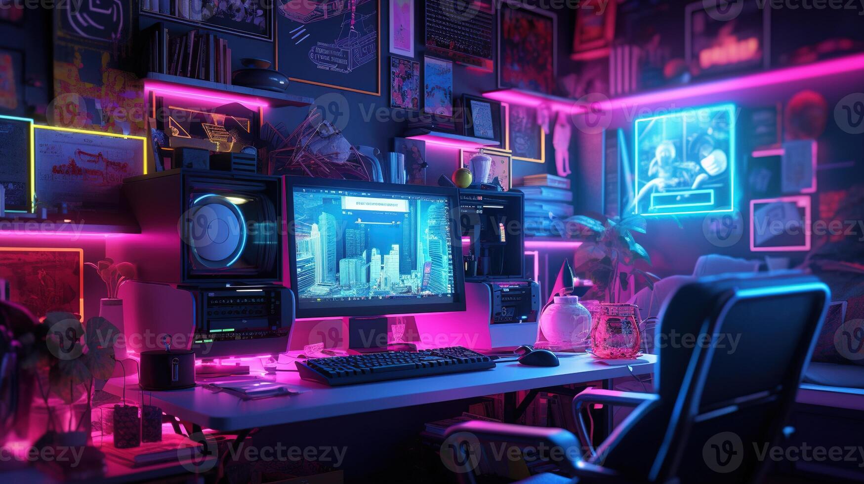 Generative AI, Computer on the table in cyberpunk style, nostalgic 80s, 90s. Neon night lights vibrant colors, photorealistic horizontal illustration of the futuristic interior. Technology concept. photo