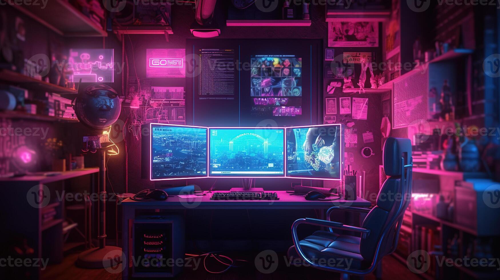 , Computer on the table in cyberpunk style, nostalgic 80s, 90s. Neon