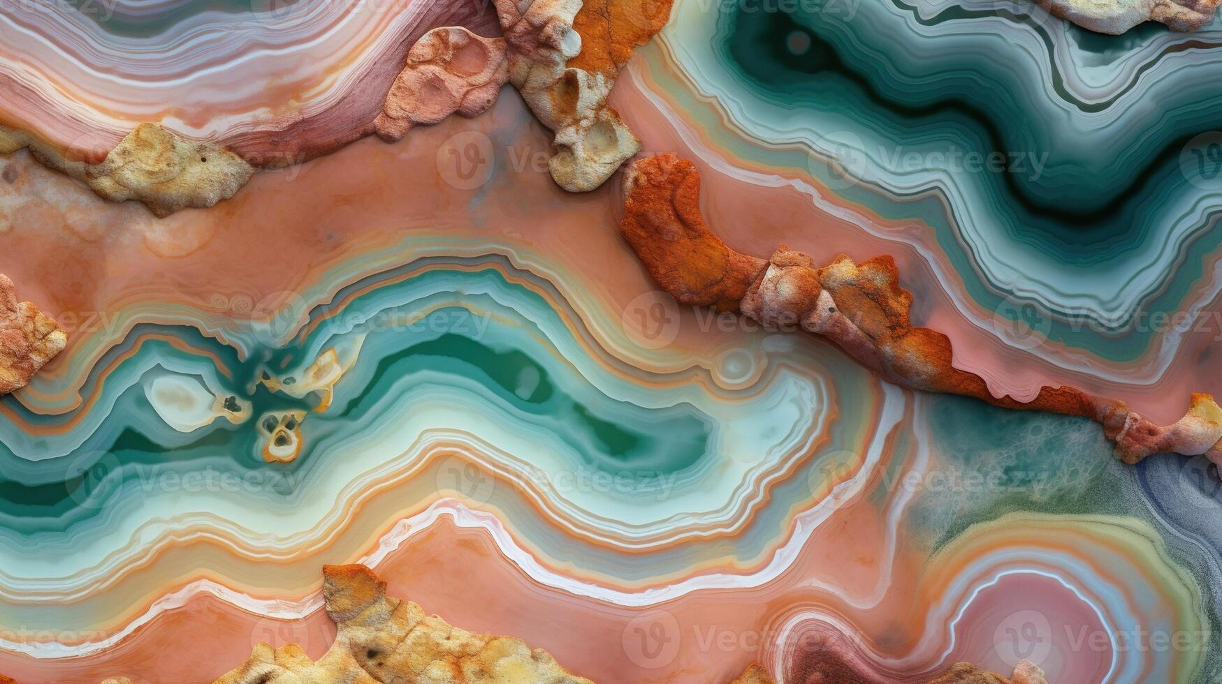 , natural volcanic agate stones close-up light pink, green and golden texture. Wallpaper background, quartz marble, decorative rock pattern. photo