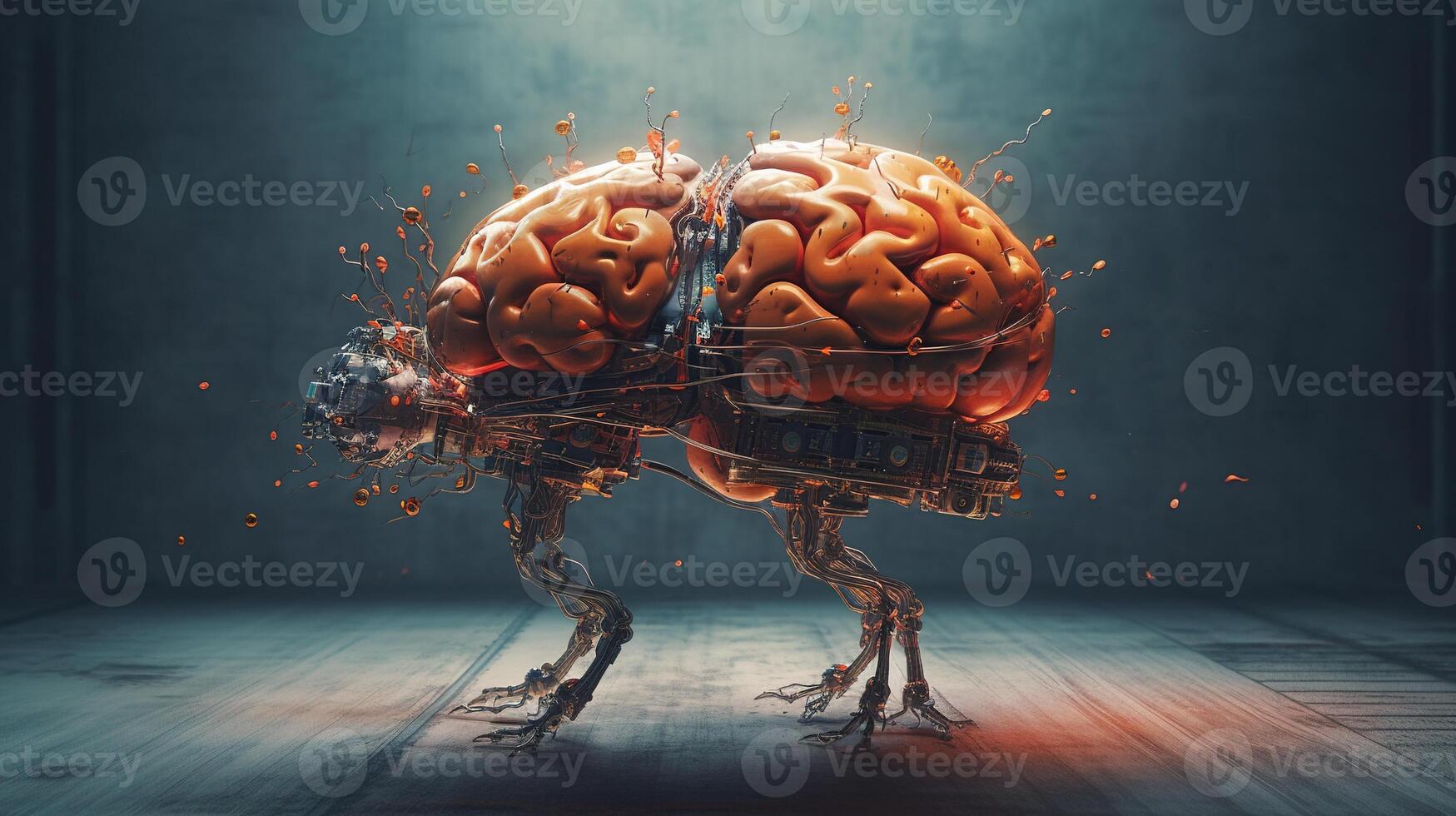 Generative AI, human brain and artificial intelligence concept, big data processing, computer motherboard. Education, knowledge and creativity photo