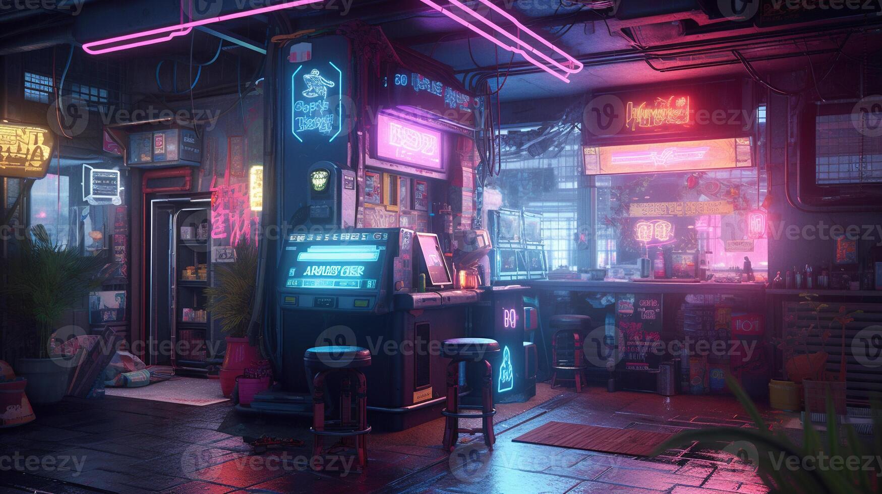 , Cyberpunk style bar or cafe. Night scene of big city, futuristic nostalgic 80s, 90s. Neon lights vibrant colors, photorealistic horizontal illustration. photo