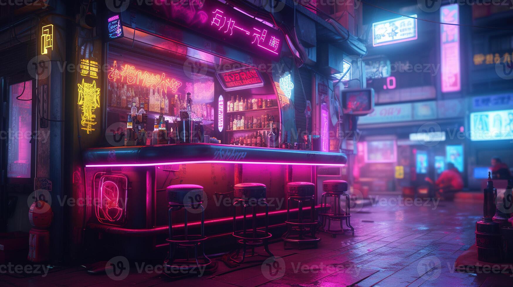 , Cyberpunk style bar or cafe. Night scene of big city, futuristic nostalgic 80s, 90s. Neon lights vibrant colors, photorealistic horizontal illustration. photo