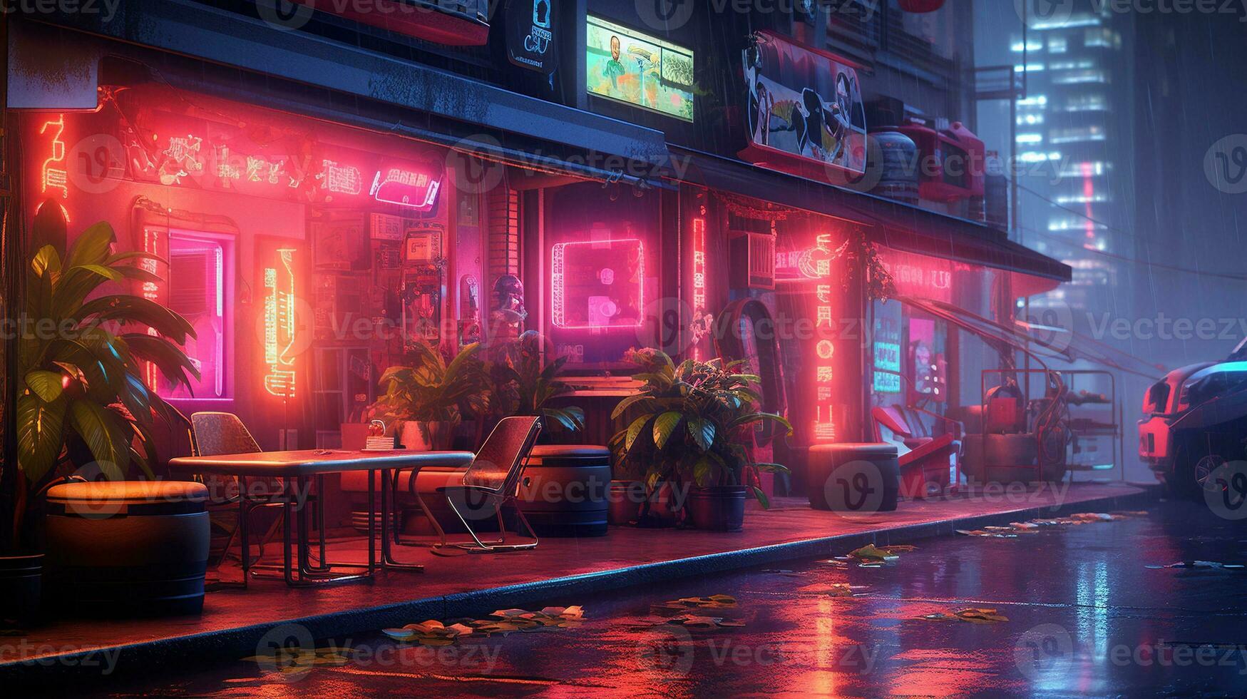 Generative AI, Cyberpunk style bar or cafe. Night scene of big city, futuristic nostalgic 80s, 90s. Neon lights vibrant colors, photorealistic horizontal illustration. photo