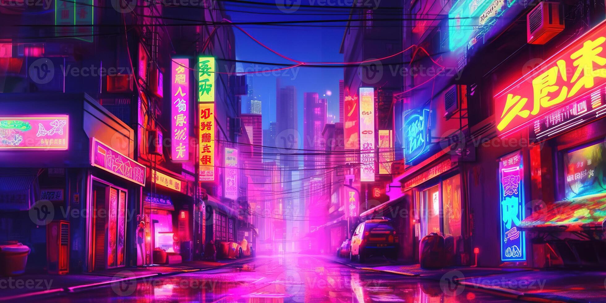 Generative AI, Night scene of big city in cyberpunk style, futuristic nostalgic 80s, 90s. Neon lights vibrant colors, photorealistic horizontal illustration. photo