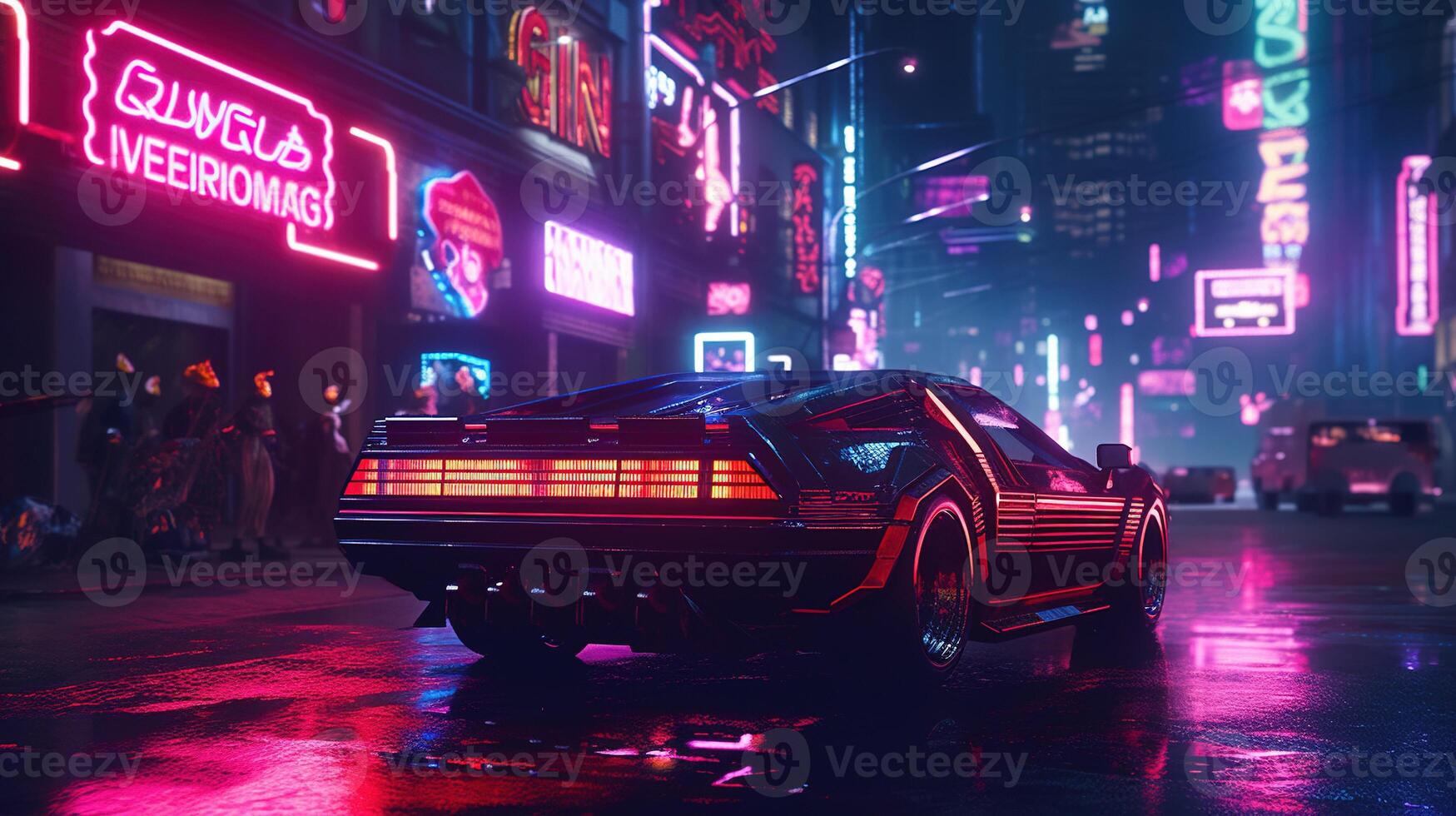 , Night scene of big city in cyberpunk style, futuristic nostalgic 80s, 90s. Neon lights vibrant colors, photorealistic horizontal illustration. photo