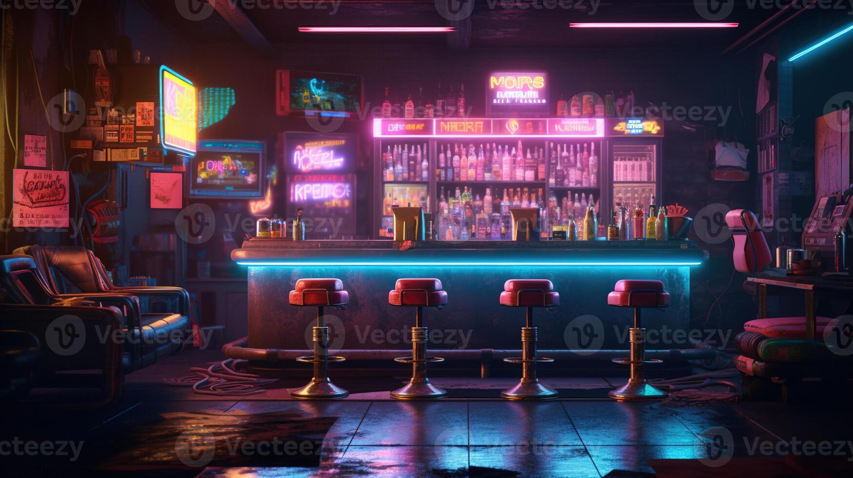 , Cyberpunk style bar or cafe. Night scene of big city, futuristic nostalgic 80s, 90s. Neon lights vibrant colors, photorealistic horizontal illustration. photo