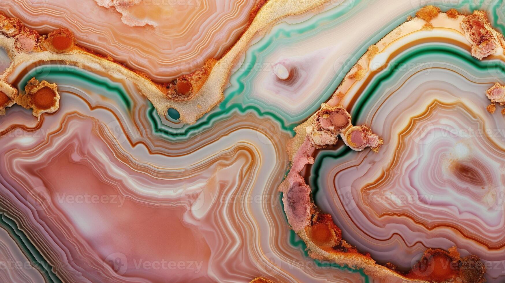 , natural volcanic agate stones close-up light pink, green and golden texture. Wallpaper background, quartz marble, decorative rock pattern. photo