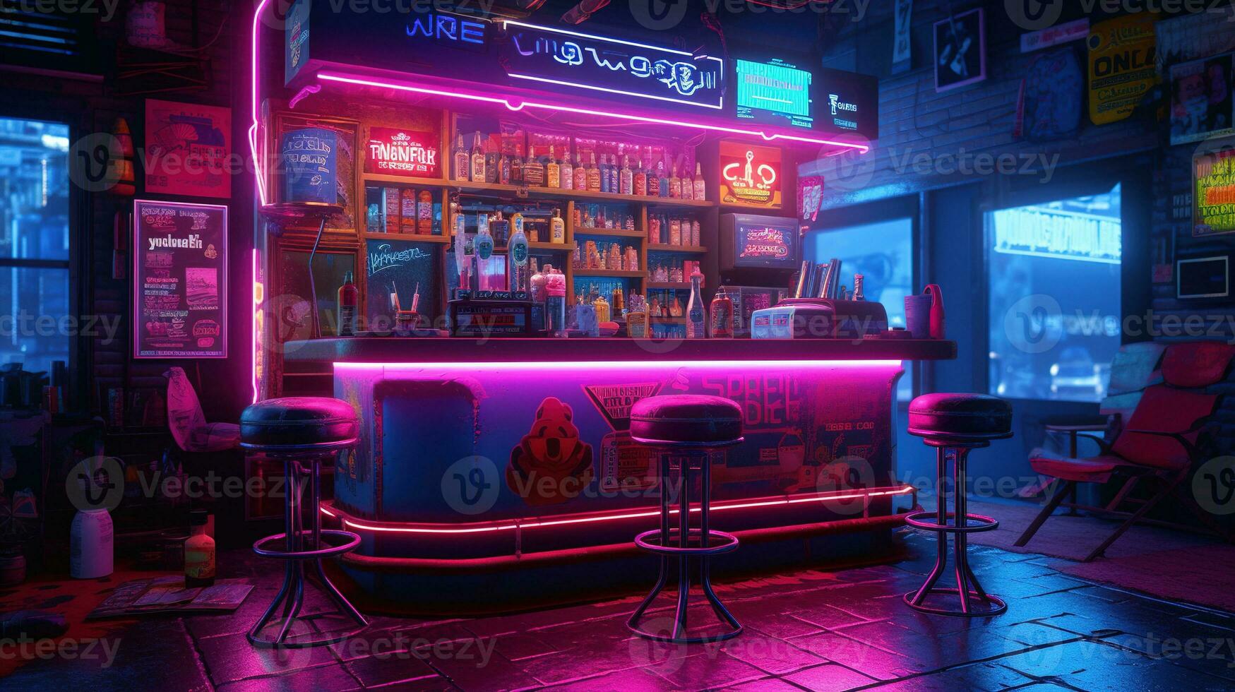 Generative AI, Cyberpunk style bar or cafe. Night scene of big city, futuristic nostalgic 80s, 90s. Neon lights vibrant colors, photorealistic horizontal illustration. photo