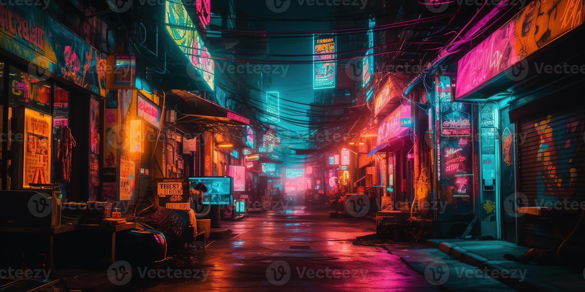 Generative AI, Night scene of after rain city in cyberpunk style, futuristic nostalgic 80s, 90s. Neon lights vibrant colors, photorealistic horizontal illustration. photo