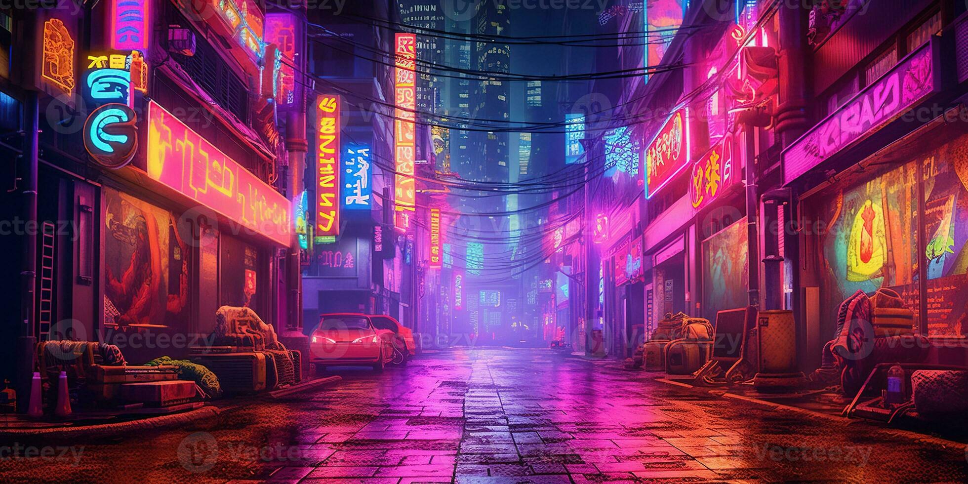 generativo ai, noche escena de grande ciudad en cyberpunk estilo, futurista nostálgico años 80, años 90 neón luces vibrante colores, fotorrealista horizontal ilustración. foto