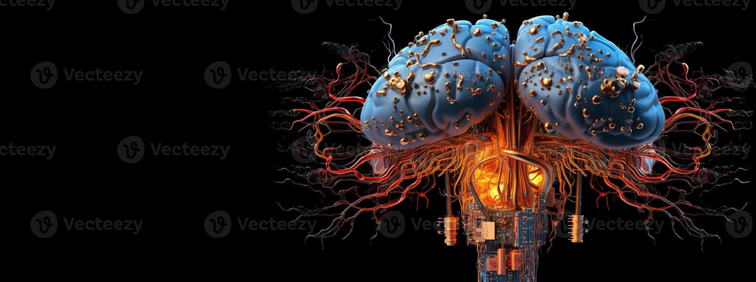 Generative AI, human brain and artificial intelligence concept, big data processing, computer motherboard. Education, knowledge and creativity photo