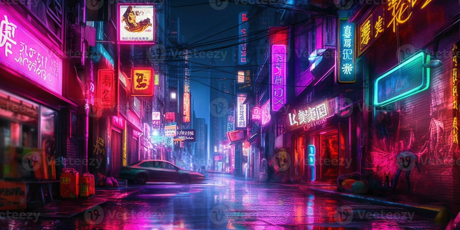 Generative AI, Night scene of big city in cyberpunk style, futuristic nostalgic 80s, 90s. Neon lights vibrant colors, photorealistic horizontal illustration. photo