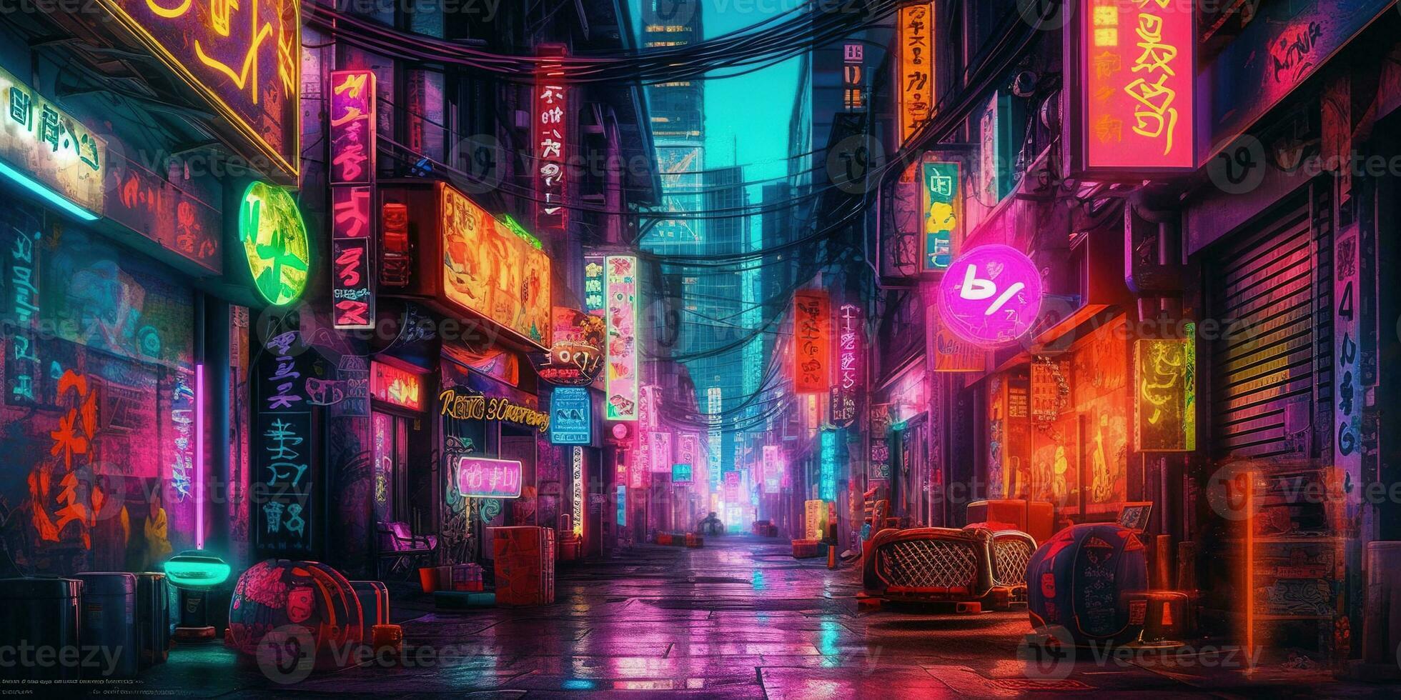 Generative AI, Night scene of big city in cyberpunk style, futuristic nostalgic 80s, 90s. Neon lights vibrant colors, photorealistic horizontal illustration. photo